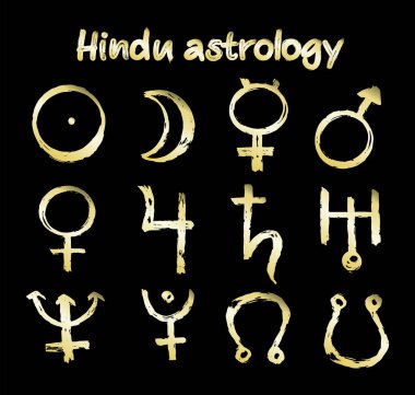 Gold icon of planet in Juotisha astrology - Vector illustration with sign Mars, Venus, Mercury, Moon, Sun, Jupiter, Saturn, Pluto, Uranus, Neptune, Rahy and Kethu. clipart