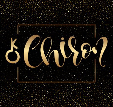 Chiron - astrolojik sembol ve el yazısı. Metin ve altın kıvılcımlı vektör illüstrasyonu.