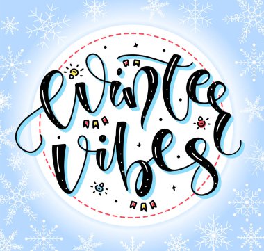 Kış titreşimleri - çok renkli vektör illüstrasyonları ile şenlikli, yeni yıl, mavi arka planda karalama elementleri ile kar taneleri.