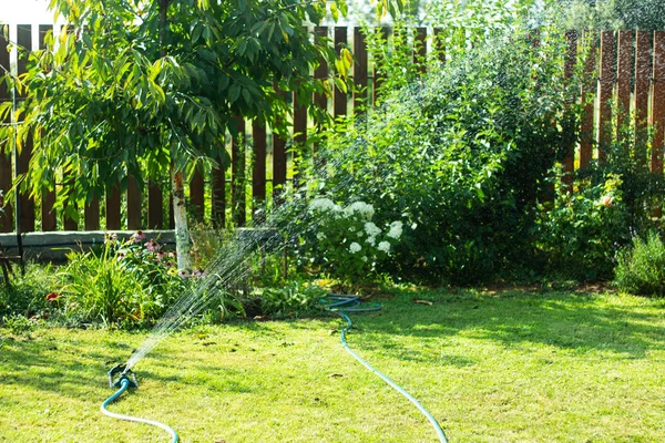 明るい日差しの中、庭で水が輝く水滴。庭の木々に水をやれ、人工雨 — ストック写真