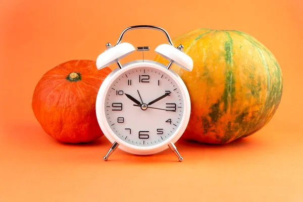 Två höst pumpor och vit väckarklocka på Halloween semester på orange bakgrund. — Stockfoto