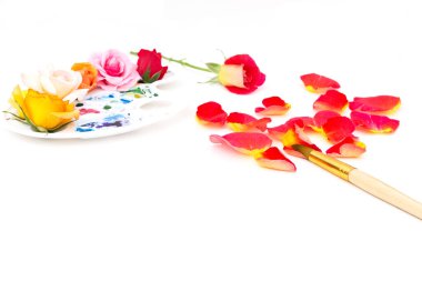 Çok renkli gül goncalarıyla suluboya palet ve beyaz arka planda sanat fırçası. Yazın renkleri. Yaratıcı renkli yaz konsepti. Düz yatış, üst görünüm.