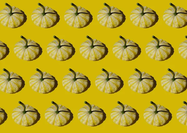 Creative colorful vegetable pattern of yellow squash patisson on yellow background. Harvest concept. Top view.