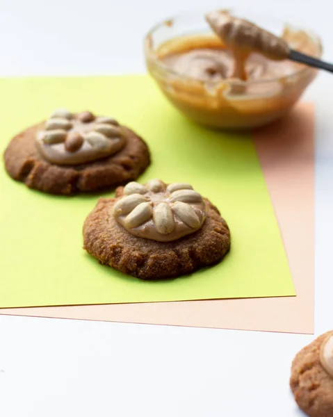Traditional Senegalese cookies Five cents with peanut butter. Close-up of homemade cookies on a bright background. Gluten-free almond flour baked goods. Keto diet, paleo. Front view.