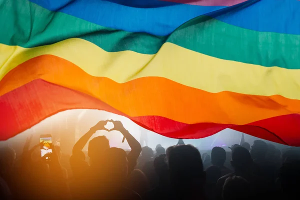 Bir geçit ellerini kaldırdı ve Lgbt bayrağı ile gurur toplum. 