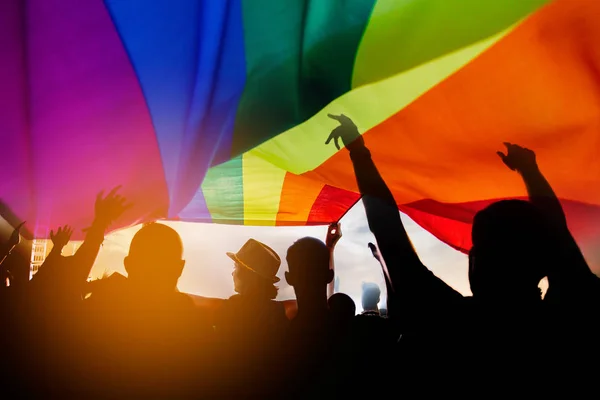 Bir geçit ellerini kaldırdı ve Lgbt bayrağı ile gurur toplum. 