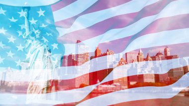 Amerikan bayrağı ve Özgürlük Heykeli ile çifte çekim. Bağımsızlık Günü için arka plan - 4 Temmuz.