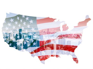 Amerikan bayrağı ve Özgürlük Heykeli ile çifte çekim. Bağımsızlık Günü için arka plan - 4 Temmuz.