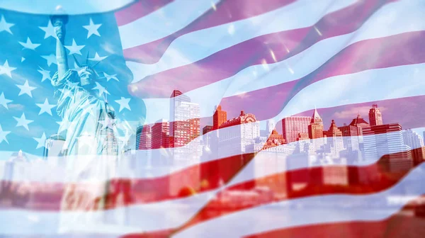 Double Exposure American Flag Statue Liberty Background Independence Day 4Th — Stock Photo, Image