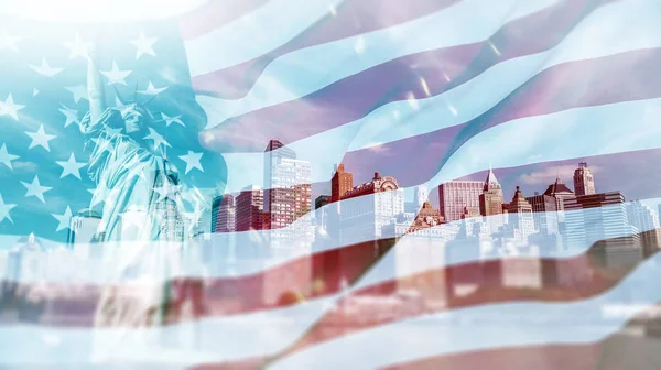 Double Exposure American Flag Statue Liberty Background Independence Day 4Th — Stock Photo, Image