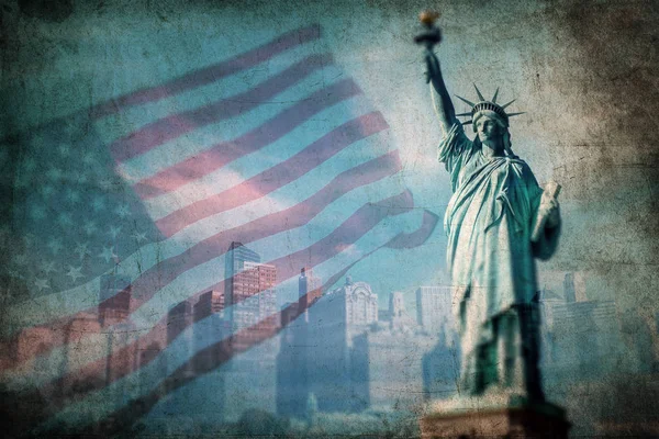 Double Exposure American Flag Statue Liberty Background Independence Day 4Th — Stock Photo, Image