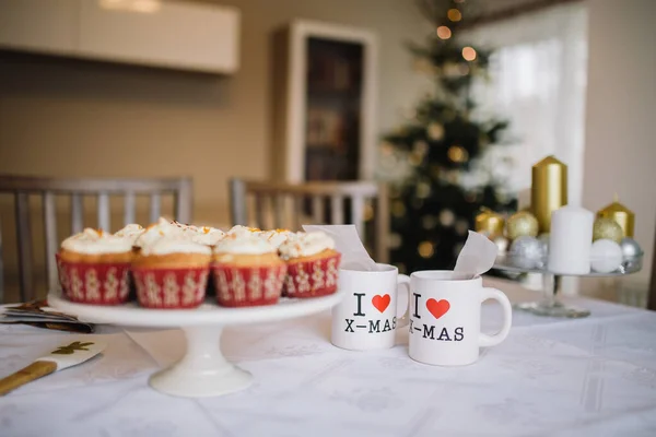 Christmas Muffins Table Holiday Lights — Stock Photo, Image