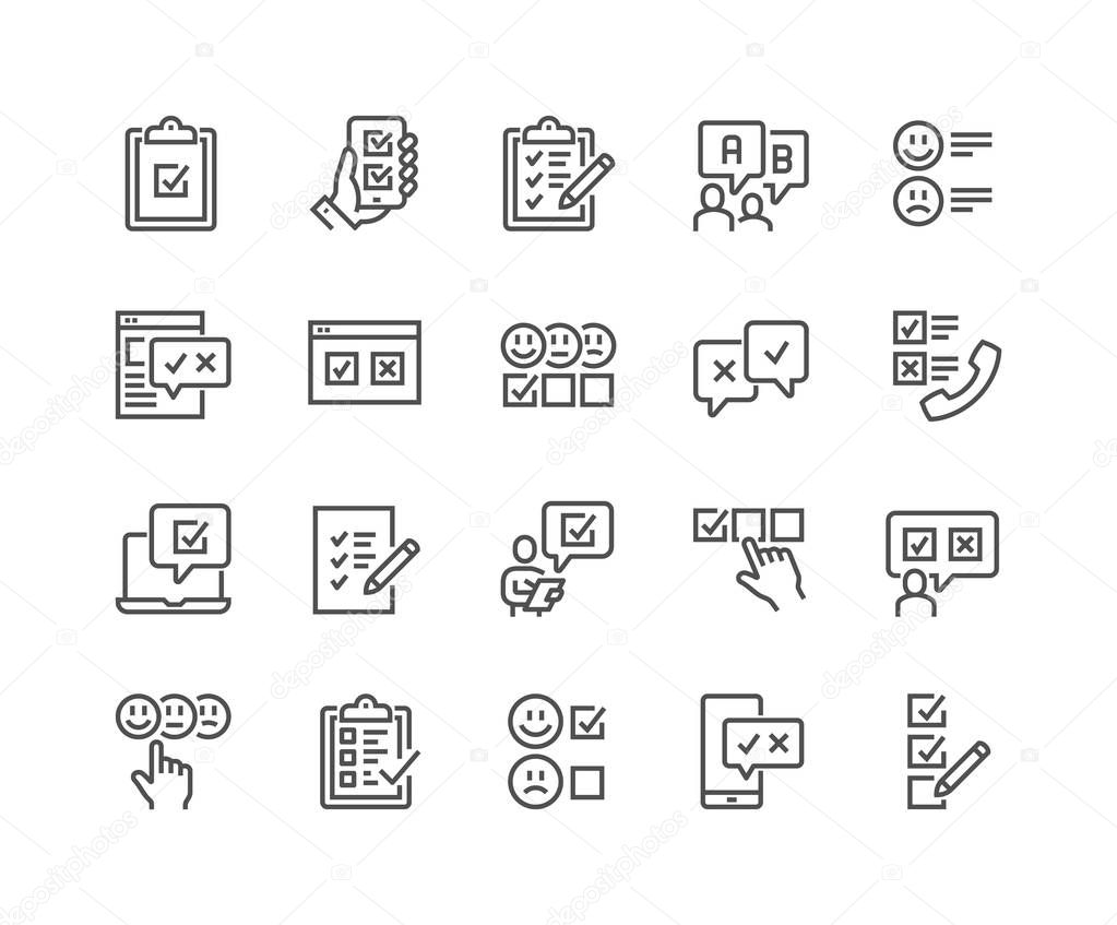 Simple Set of Survey Related Vector Line Icons. Contains such Icons as Emotional Opinion, Rating, Checklist and more. Editable Stroke. 48x48 Pixel Perfect.