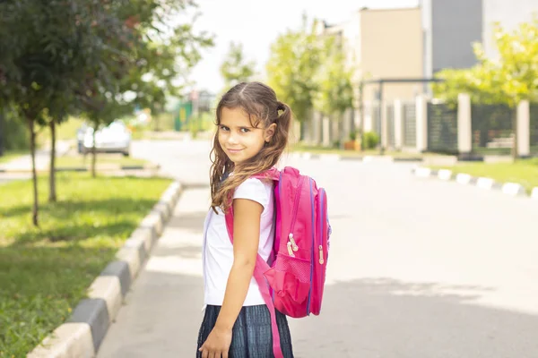 first day of school. Girl schoolgirl goes to first grade