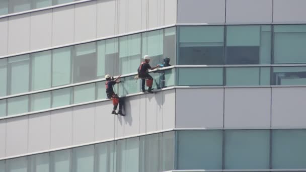 Bergsteiger Putzt Modernes Gebäude — Stockvideo