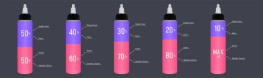 E sıvı şişe infografik bileşenleri (propilen glikol, bitkisel gliserin, nikotin, tatlar) oranı / oranı. Vape şişe. 