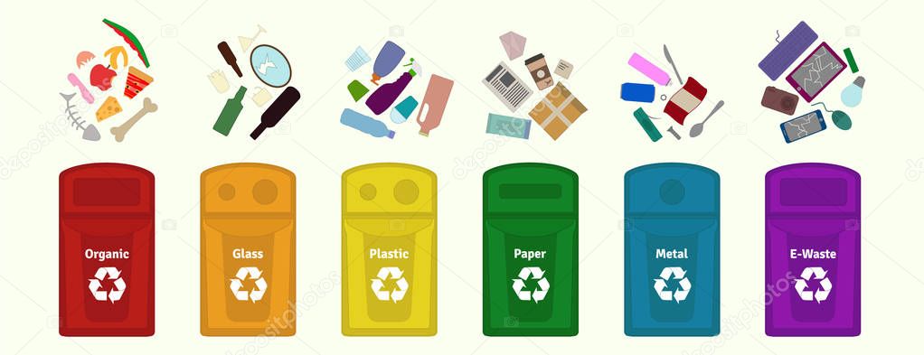 Garbage waste sorting, disposal, management, recycling vector illustration / guide. 