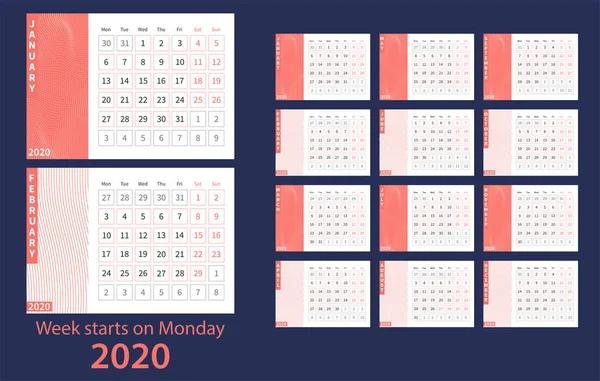 2020 Year Calendar Coral White Color Vector Eps10 — Stock Vector