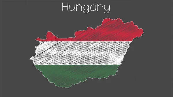 Hungary map-flag illustration. Flag of Hungary in map shape on chalkboard.