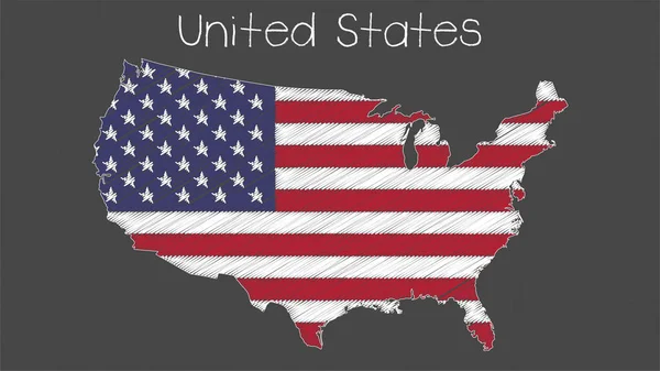 米国の地図旗のイラスト 黒板上の地図形状の米国の旗 — ストックベクタ