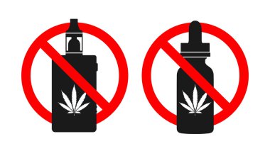 Esrar vaping ve esrar vape sıvı yasaklama işareti. Kutu mod ve esrar işareti ile yuvarlak cam şişe. Vektör illüstrasyon Eps10.