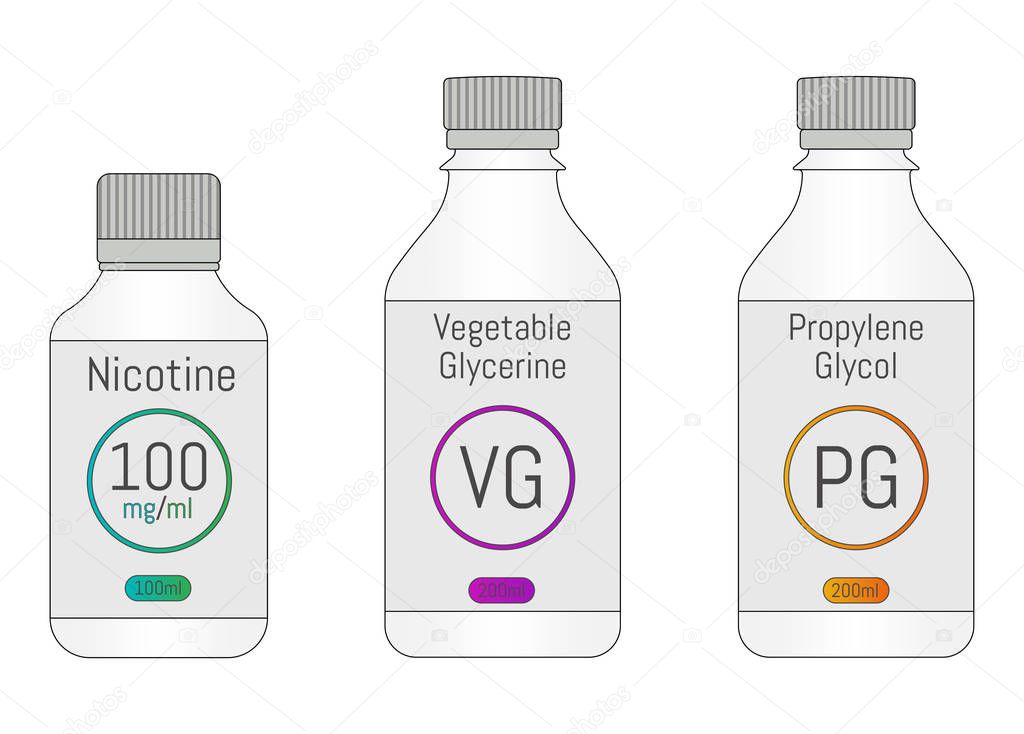 PG, VG and Nicotine bottles. Components for DIY vaping liquid. Vector illustration EPS10.
