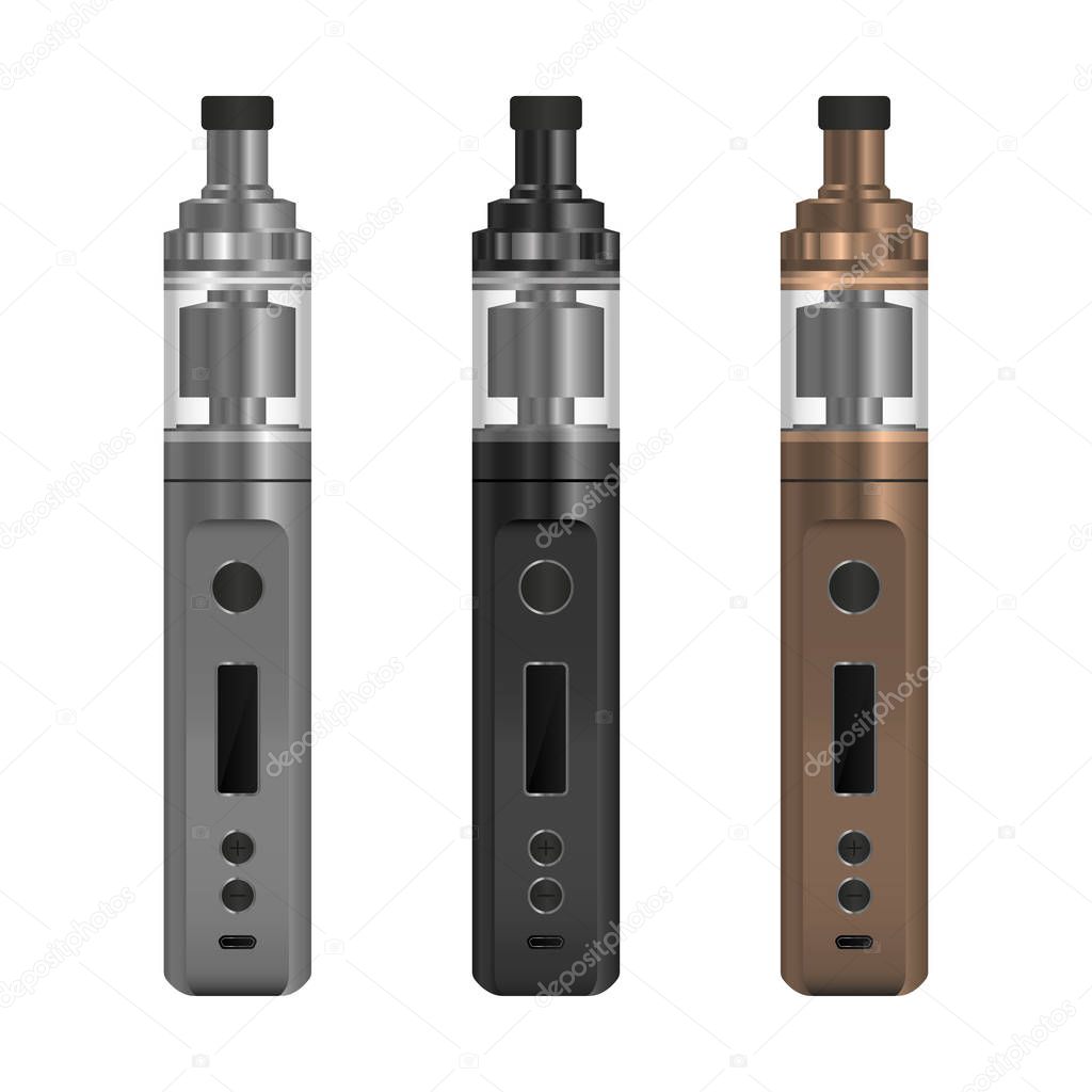 Realistic electronic cigarette concept. Box mod with a tank atomizer. 3 color options. Vector illustration EPS10.
