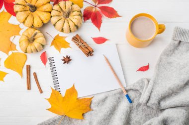 Sonbahar yatağı. Beyaz ahşap arka planda balkabakları ve sarı yapraklar. Metin için boşluk.