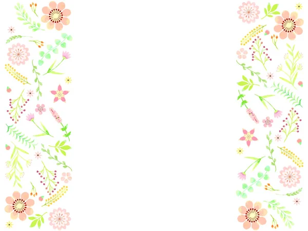 ピンクの花と植物 水彩風イラストのフレーム — ストックベクタ