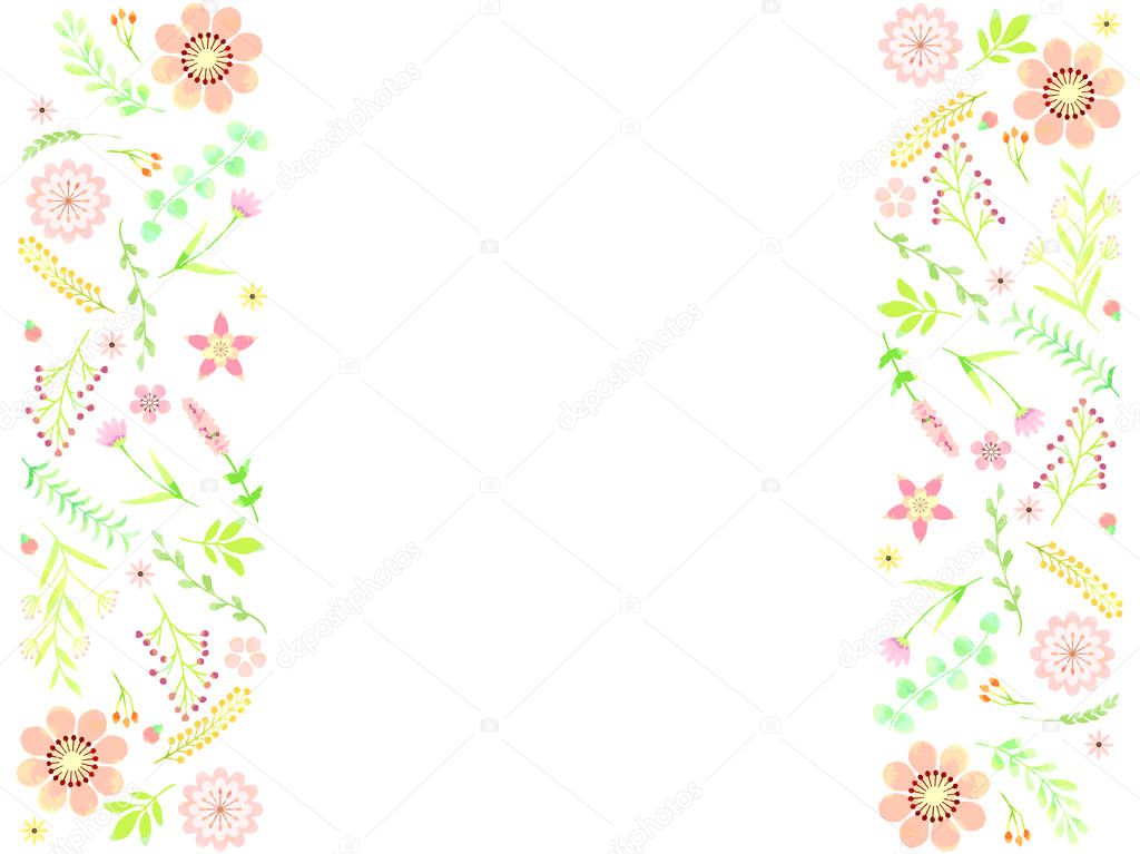 Illustration frame with pink flowers and plants, watercolor style
