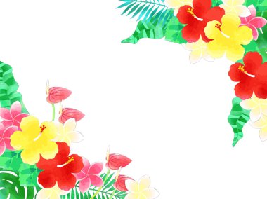 Hibiscus ve güney bitkileri illüstrasyon arka plan, suluboya tarzı