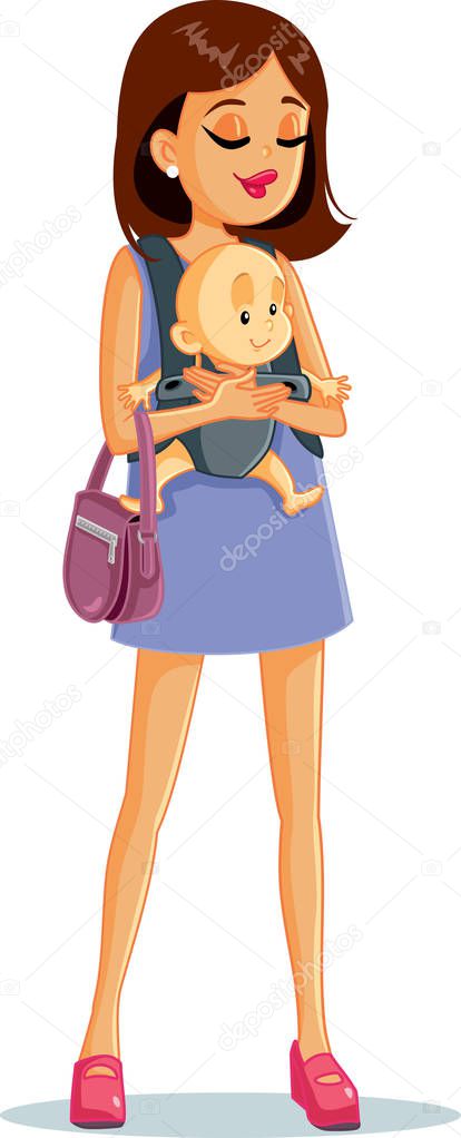 Happy Mother Smiling with Baby in Sling Vector Illustration