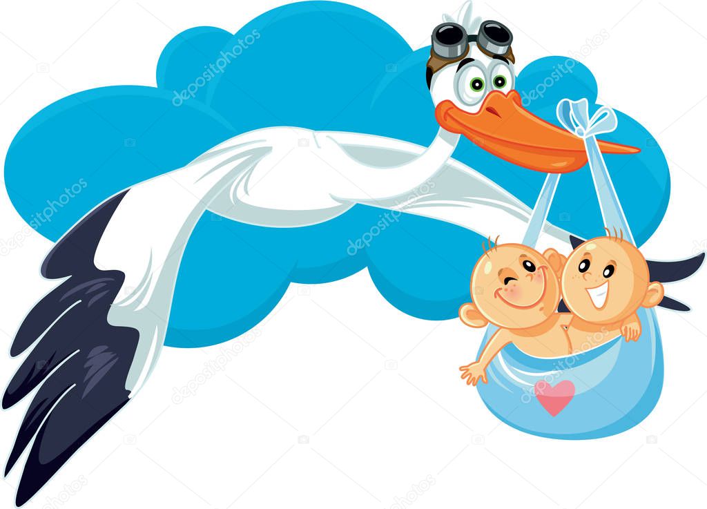 Cartoon Stork with Twins Vector Illustration