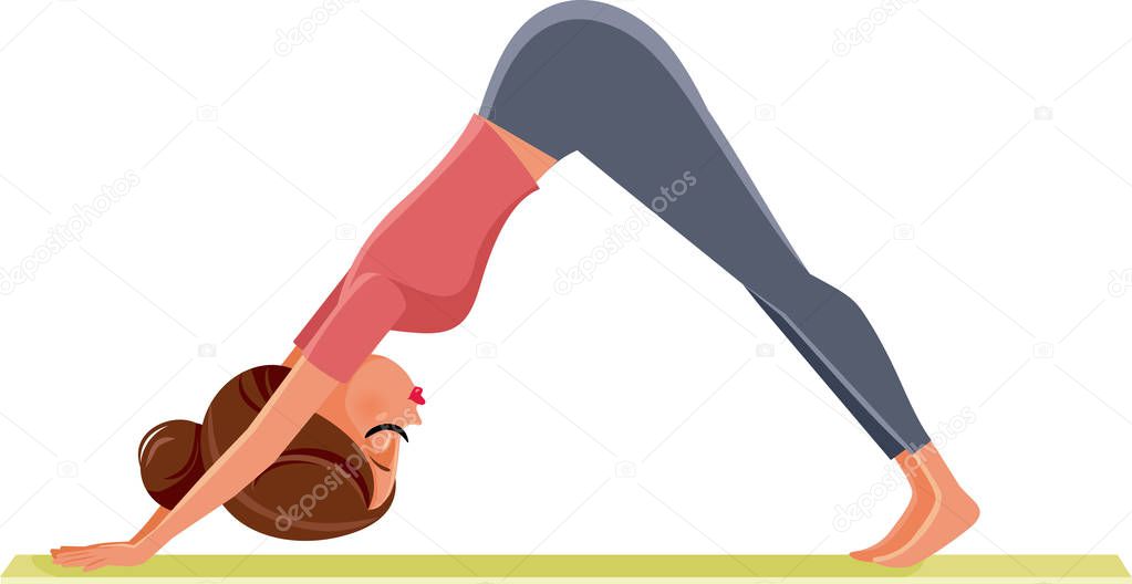 Yoga Girl in Down Dog Pose Exercising on Mat