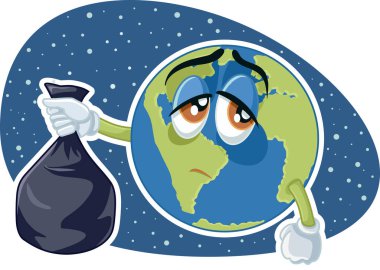 Plastik çöp torbası vektör karikatür tutan seyyare yerküre