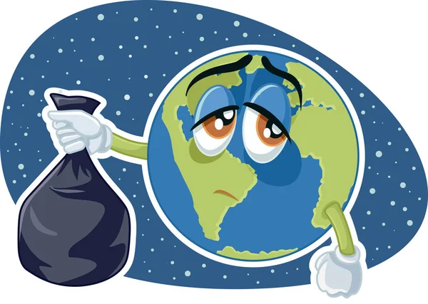 Planeta Tierra Sosteniendo Bolsa Basura Plástico Vector Dibujos Animados — Vector de stock