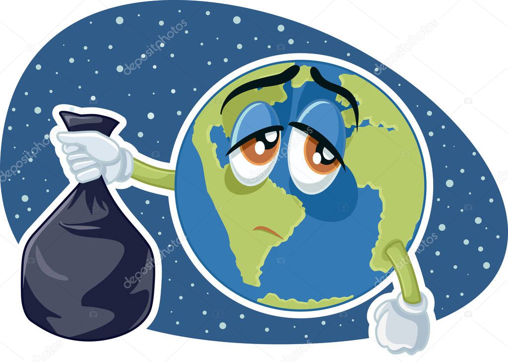 Planet Earth Holding Plastic Trash Bag Vector Cartoon
