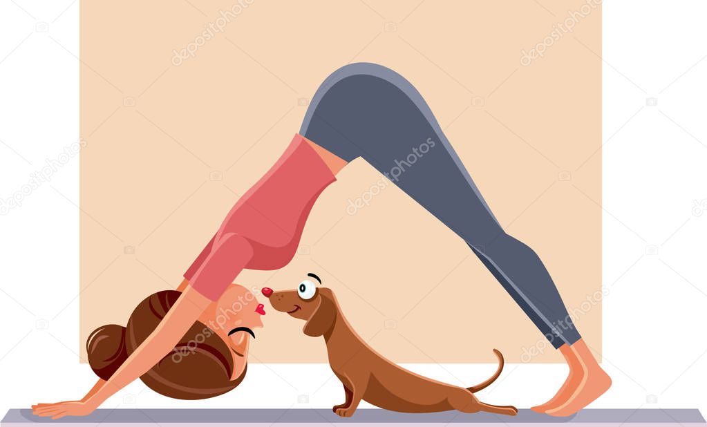 Funny Girl Exercising Next to Her Dog on Yoga Mat