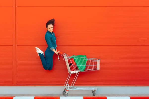 Happy Woman Shopping Jumping Joy — Stock Photo, Image