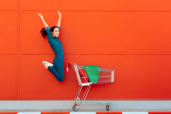 Happy Woman Shopping Jumping Joy — Stok Foto