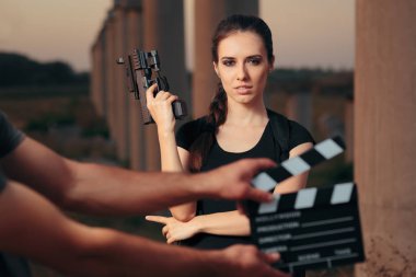 Action Female Superhero Actress Movie Star Shooting Scene  clipart