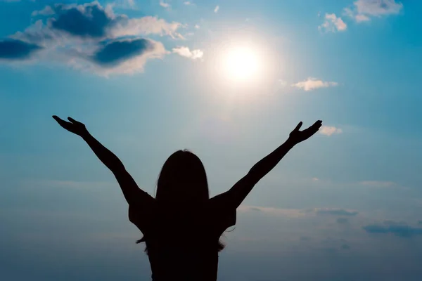 Happy Girl Raising Arms Looking Sun — Stok Foto