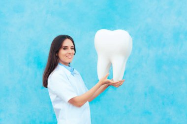 Büyük azı dişi modeli ile beyaz ceket Bayan diş hekimi