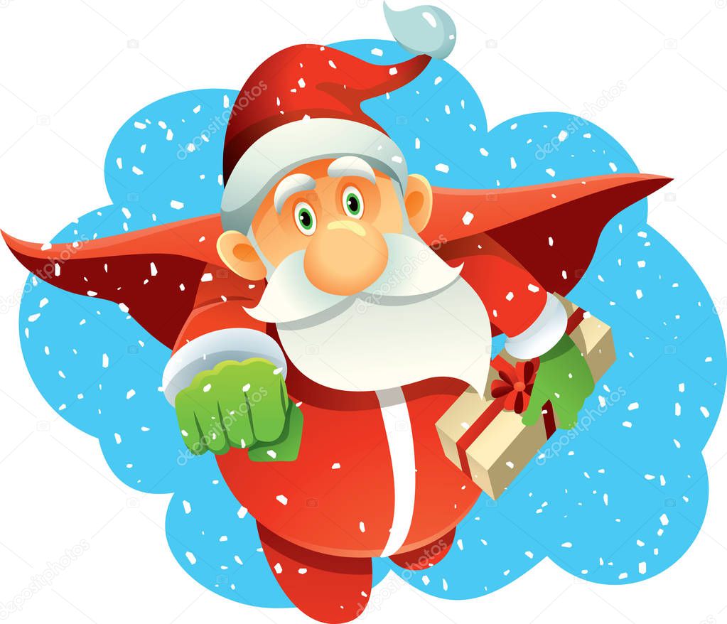 Superhero Santa Claus Bringing Presents in Winter Holiday