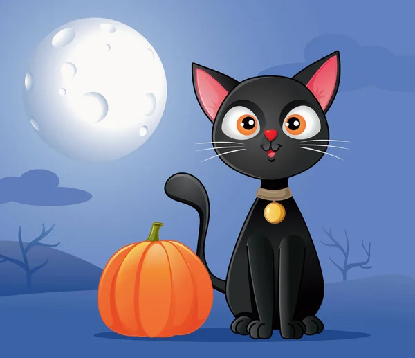 Svart Katt Med Halloween Pumpa Vektor Tecknad — Stock vektor