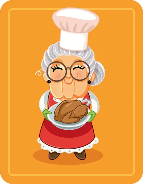 Illustration Vectorielle Dinde Rôtie Grandma Holding — Image vectorielle