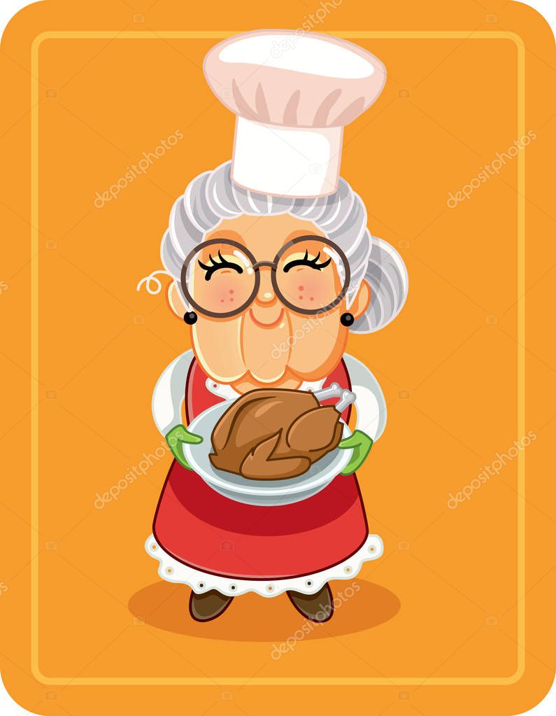 Grandma Holding Roasted Turkey Vector Illustration