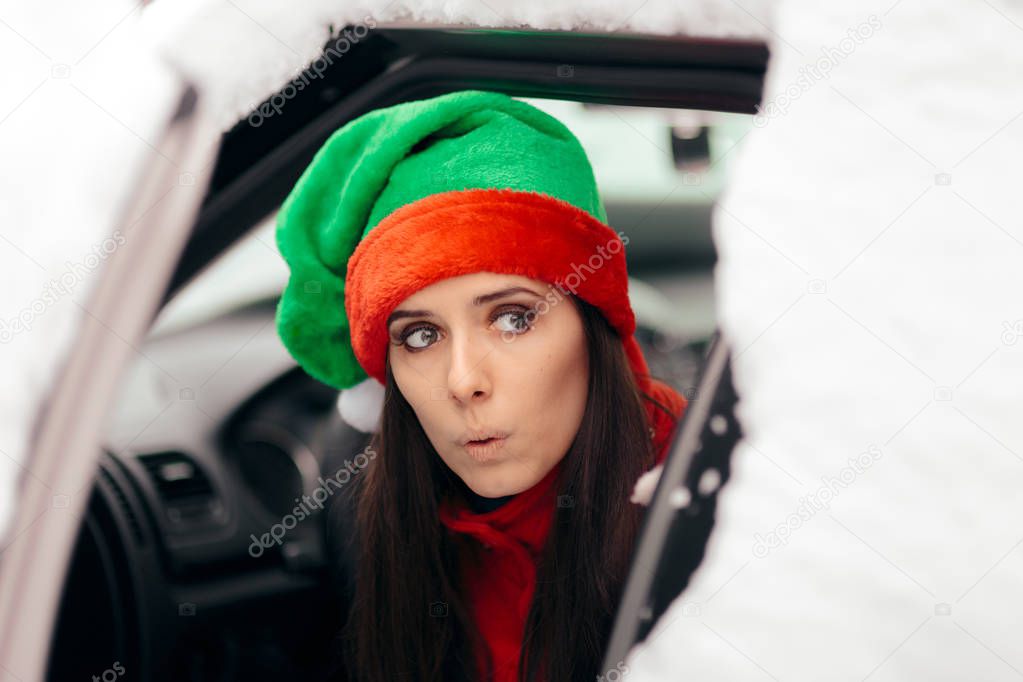Funny Christmas Girl Driving Through the Snow on Bad Weather