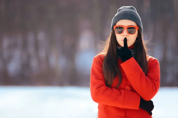 Winter Girl Finger Her Lips Keeping Secret — Stok Foto