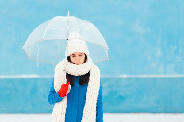 Sad Sick Winter Woman Holding Transparent Umbrella — Stock Photo, Image